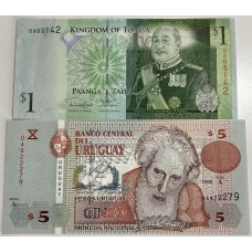 URUGUAY 1998 . FIVE 5 CINCO and TONGA 1998 ONE 1 TAHA BANKNOTES